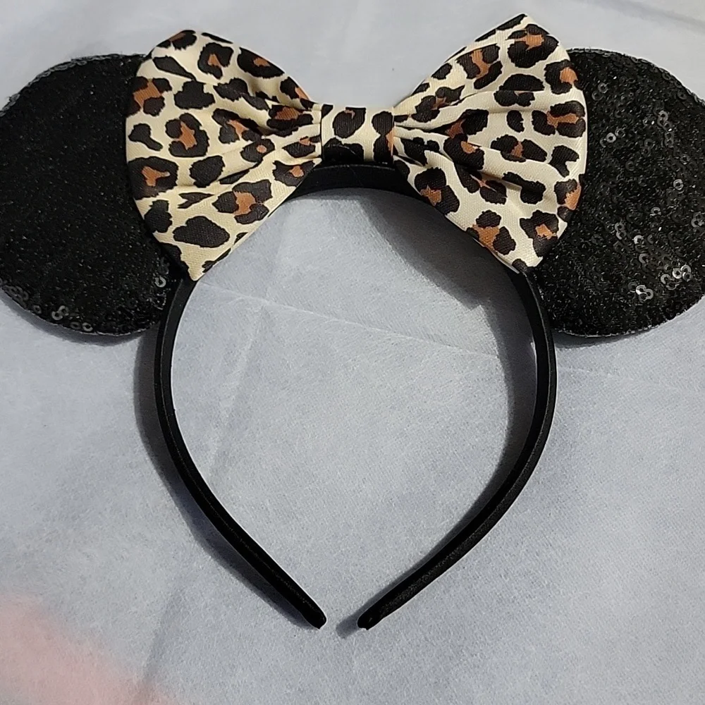 🍎New Leopard Print Bow Black Sequin Mickey & Minnie Mouse Ears Headband Disney